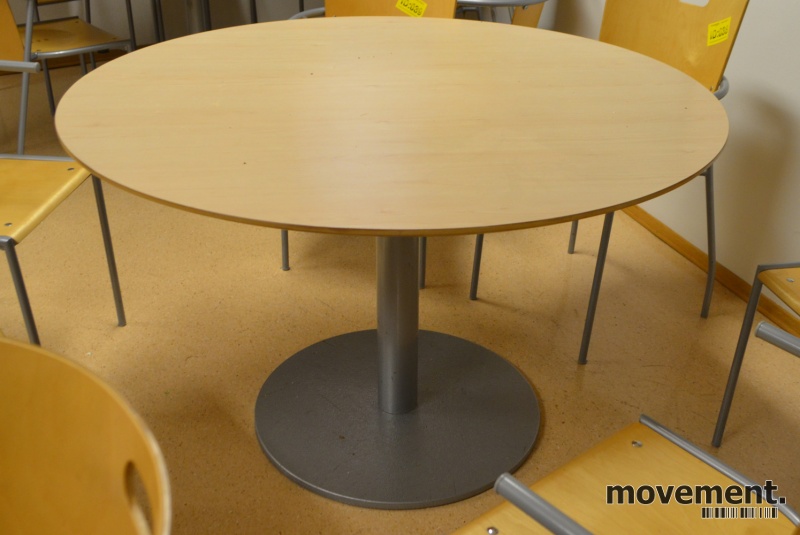 Solgt!Rundt bord, Ikea Billsta, i bjerklaminat, grålakkert fot, Ø=118cm,  brukt