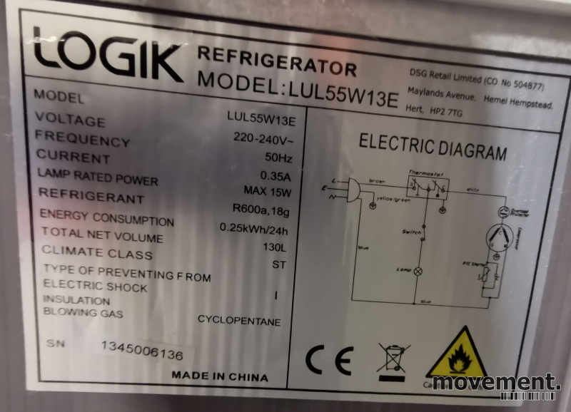 Solgt!Lite kjøleskap fra Logik, modellLUL55W13E, 55cm bredde, 84,5cm høyde,  pent brukt