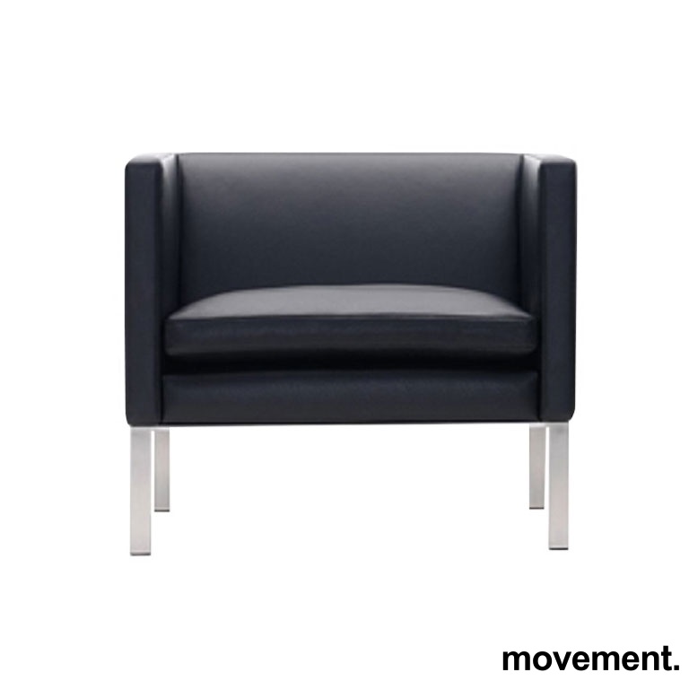 Loungestol / lenestol i sort skinn fraErik Jørgensen, modell EJ 50 club  chair, bredde 76cm, pent brukt
